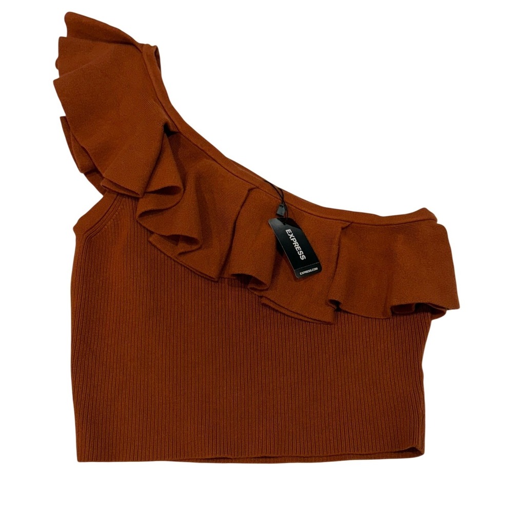 Express One Shoulder Ruffle Ribbed Knit Crop Top Rust Brown Size Large NEW - Picture 3 of 6